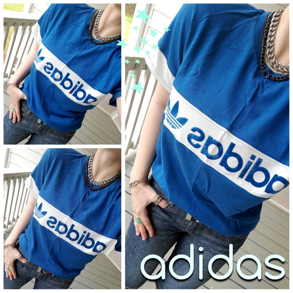 adidas Colorblock Contrast Velvet Logo Sporty Athleisure Tee (Deep Blue)